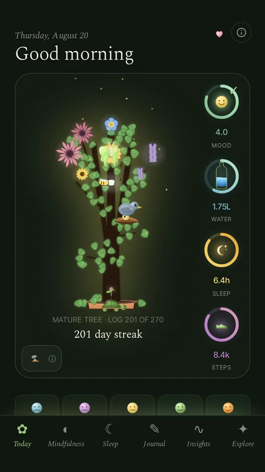 BareMind home screen: a tree grown from a 201-day streak beside mood, water, sleep and steps rings