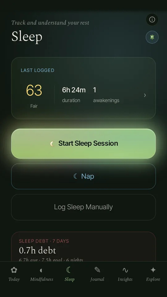 BareMind sleep screen: last night scored 63, 6 h 24 m, one awakening, with a seven-day sleep debt