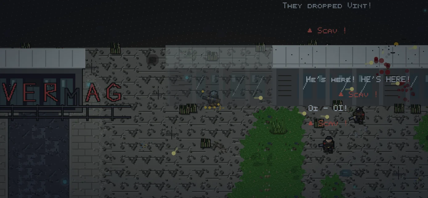 KHOLMSK: a loot run at the Univermag turns loud, bandits rushing the player under the department store sign